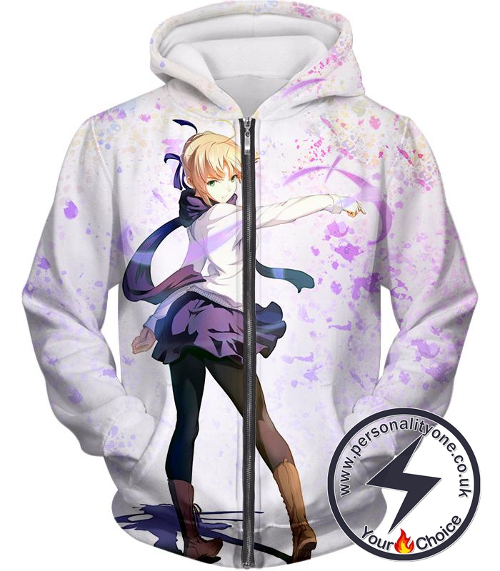 Fate Stay Night Beautiful Blonde Fate Series Saber White Zip Up Hoodie